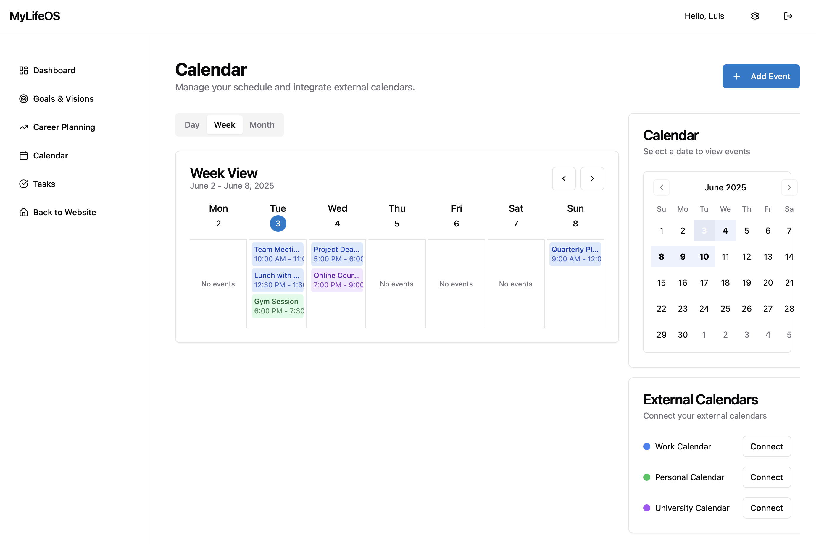 MyLifeOS Calendar Week View